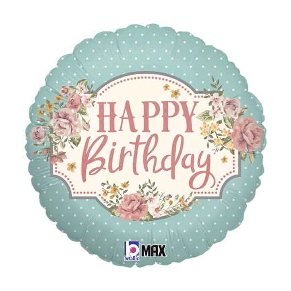 Vintage Mint Polka Dot & Floral Birthday Balloon
