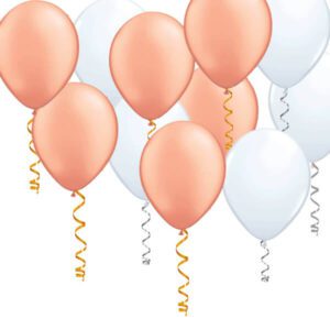 11 rose gold and white balloons