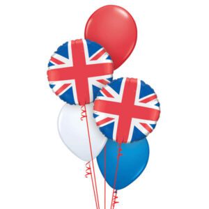 Union Jack helium balloon arrangement, red, white and blue.