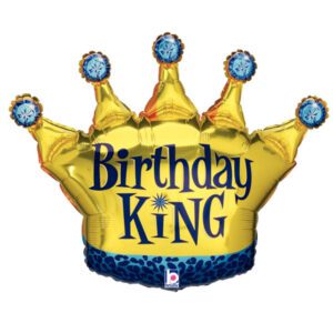 Crown shaped balloon with 'Birthday King' written in blue and gold.