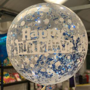 Giant Blue Confetti filled balloon with Happy Birthday writing