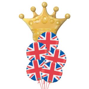 Large gold crown and union jack themed helium balloon bouquet.
